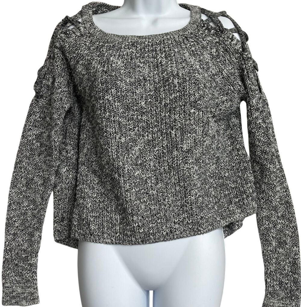 Express Sweater Womens Size S Black White Knit Crew Neck Lace Up Shoulder Y2K